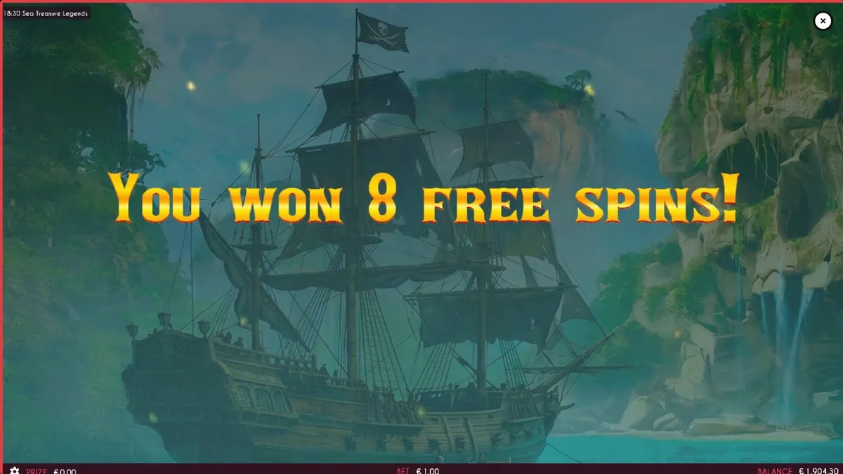 Pemandangan visual slot Sea Treasures Legend dengan tema bajak laut dan kapal.