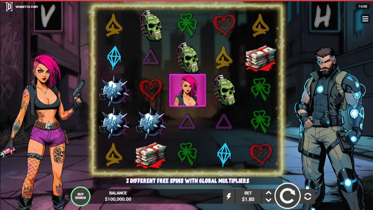 Tampilan visual futuristik dari slot Vendetta Fury dengan elemen neon dan simbol cyberpunk.
