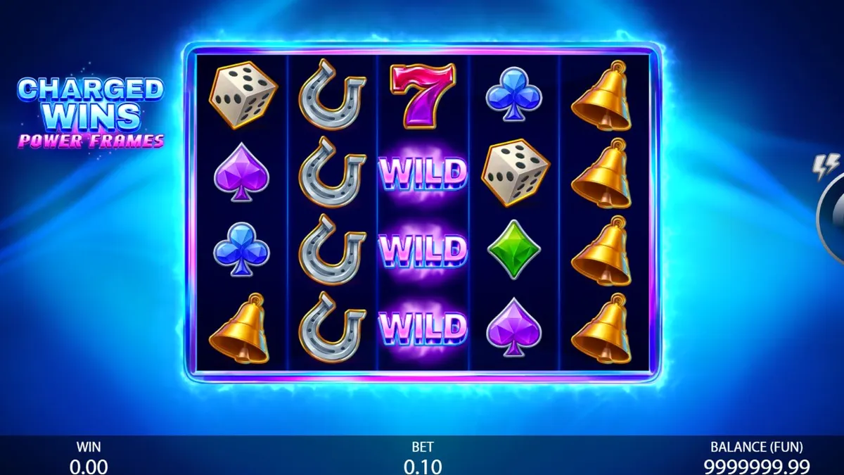 Tampilan visual slot Charged Wins: Power Frames dengan elemen neon dan simbol klasik
