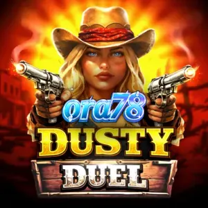 Pemandangan atmosferik slot Dusty Duel dengan latar belakang gurun Wild West.